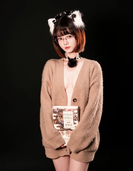 猫耳眼镜美女持世界史书籍深色背景人物手机壁纸
