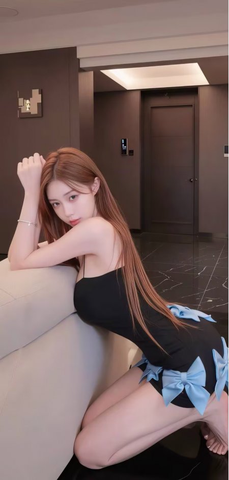 美女黑吊带蓝蝴蝶结跪沙发旁性感姿态人物手机壁纸