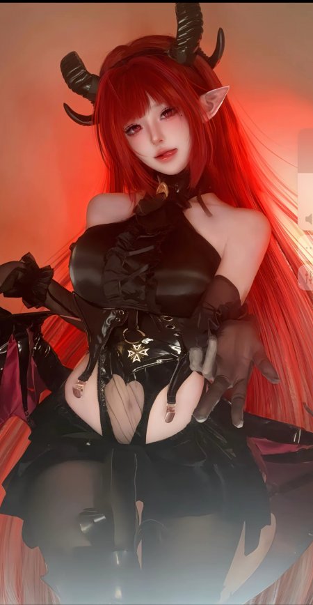 红发恶魔角少女黑色服饰人物摄影手机壁纸