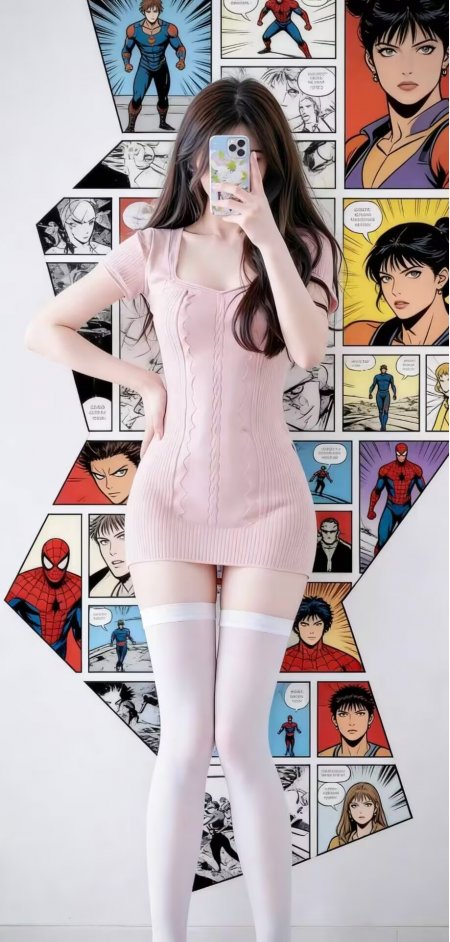 美女穿粉针织裙白长筒袜漫画墙前自拍人物手机壁纸