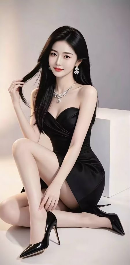 美女穿黑抹胸礼服戴钻饰坐地人物手机壁纸