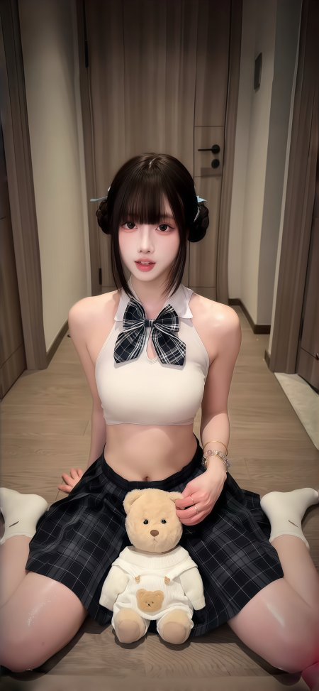 JK制服少女格子裙抱泰迪熊坐姿可爱人物手机壁纸