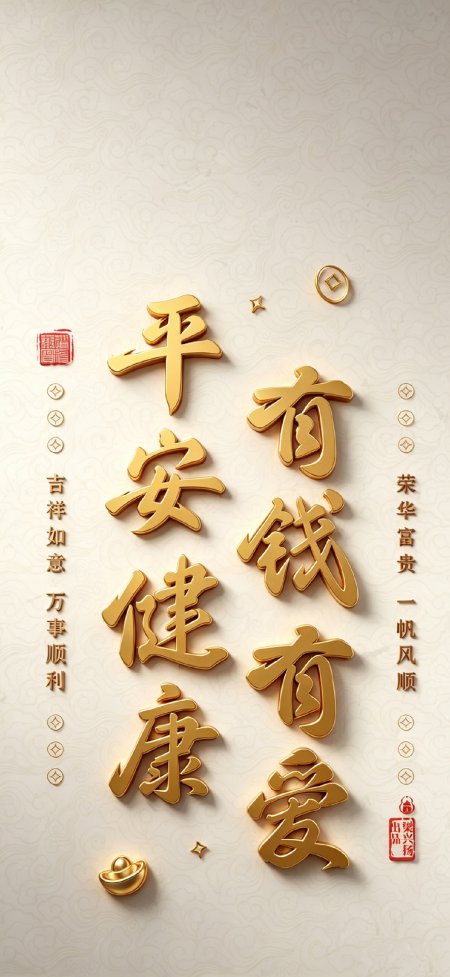 金色立体字平安健康有钱有爱创意手机壁纸
