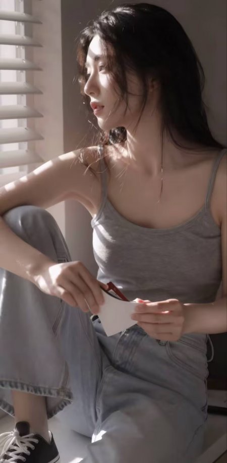美女灰吊带牛仔裤窗边坐姿手机壁纸