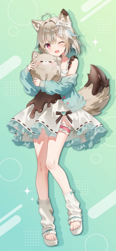 猫耳少女抱毛绒玩偶浅绿背景可爱动漫手机壁纸