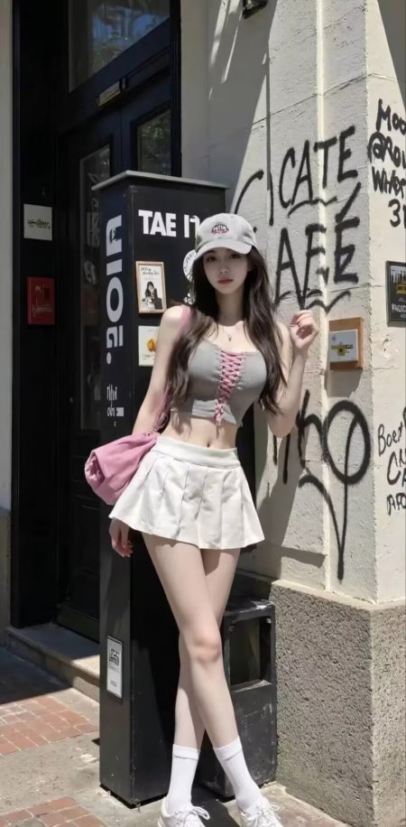 美女灰粉上衣白短裙街头站姿手机壁纸