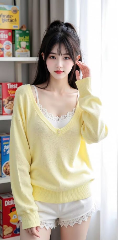 美女黄针织衫白蕾丝内搭居家风手机壁纸