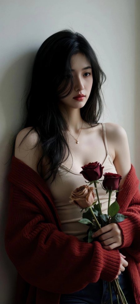 红开衫吊带美女持玫瑰靠墙温柔人物手机壁纸