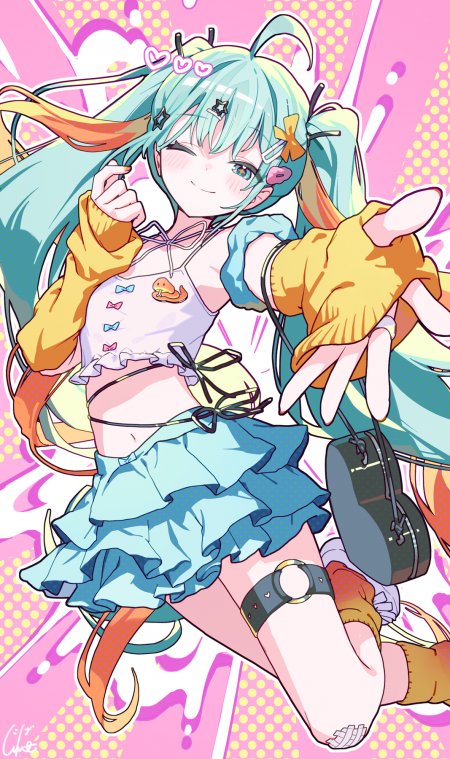 初音未来双马尾少女穿彩色服装眨眼动漫手机壁纸