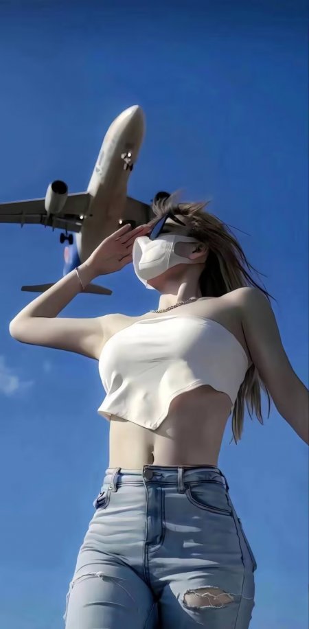 美女穿白抹胸牛仔裤站飞机下人物手机壁纸