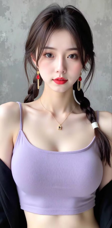 美女紫吊带双麻花辫红耳饰手机壁纸