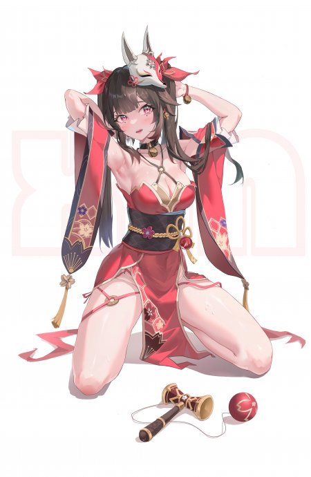 红衣狐面少女跪坐和风服饰二次元动漫手机壁纸