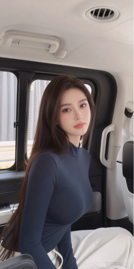 美女深蓝色上衣车内侧身人物手机壁纸