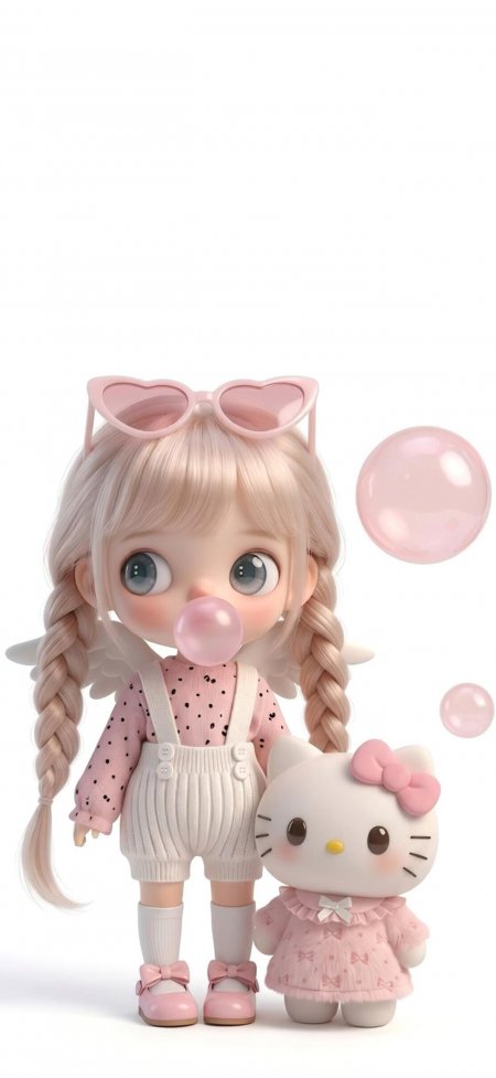 少女金发双马尾HelloKitty吹泡泡可爱动漫手机壁纸