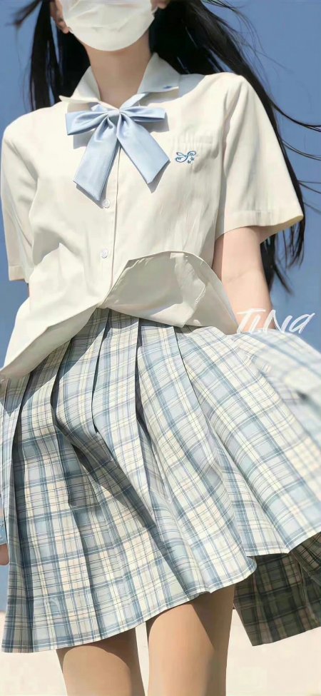 美女蓝格百褶裙白衬衫领结青春校园人物手机壁纸