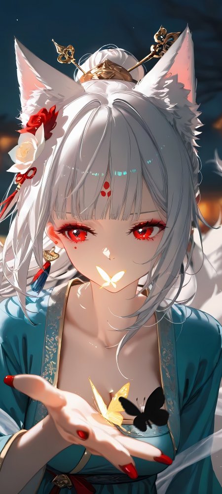 白发红瞳狐耳少女蓝衣持蝶唯美动漫手机壁纸