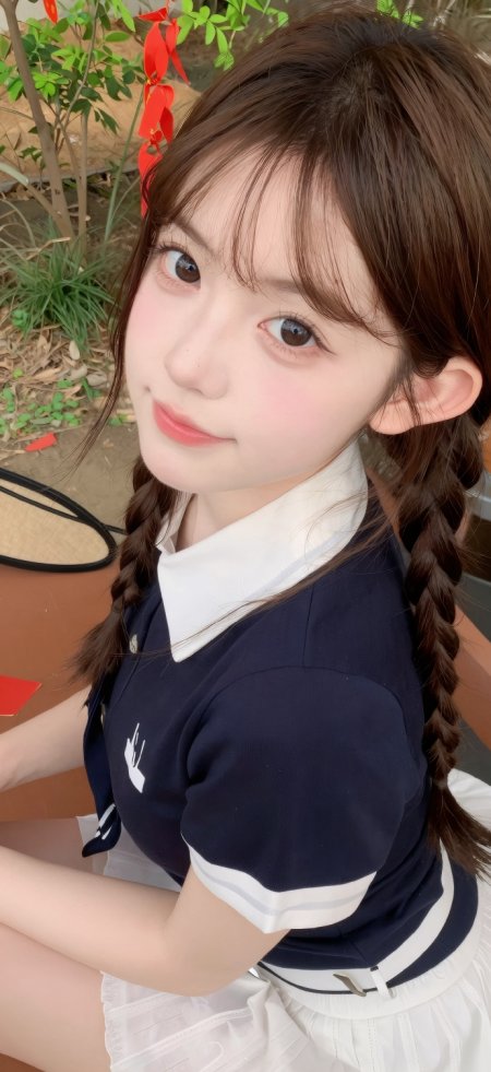美女双麻花辫校服侧坐人物手机壁纸