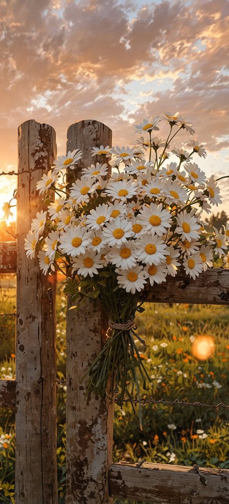 白色雏菊花束绑在木栅栏上夕阳田野背景清新风景手机壁纸