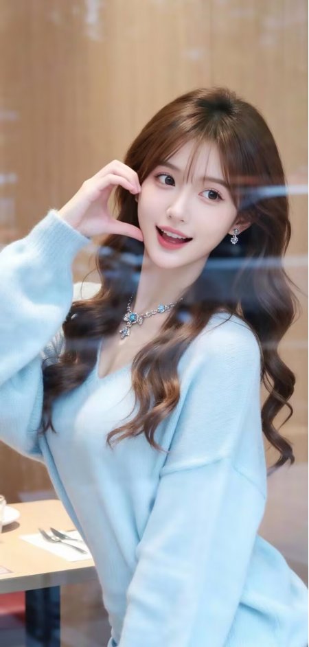 美女浅蓝毛衣比心微笑温柔气质人物手机壁纸