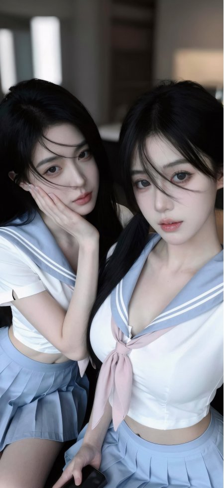 双生美女水手服短发少女室内自拍青春人物手机壁纸