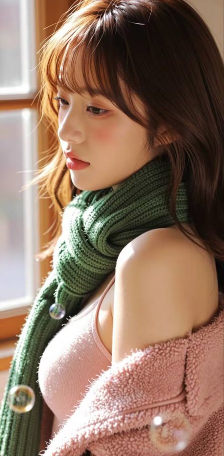 美女绿围巾粉外套窗边侧颜手机壁纸