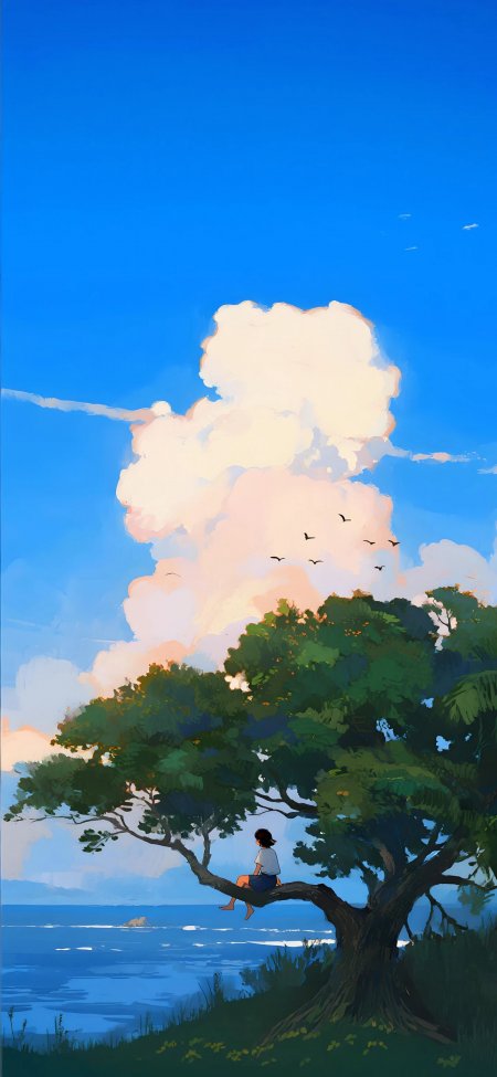 少女坐树梢远眺云海飞鸟治愈系动漫风景手机壁纸