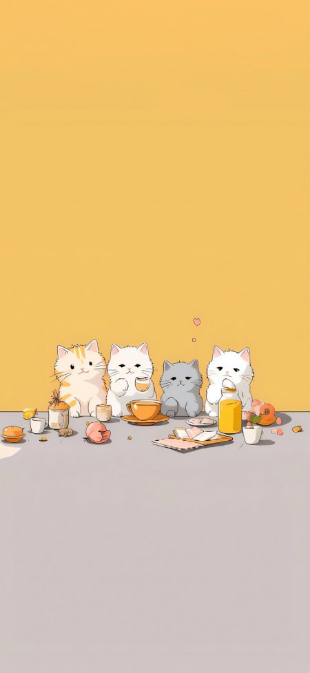四只猫咪围坐餐桌享用茶点温馨可爱插画手机壁纸