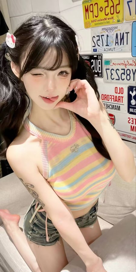 双马尾美女穿彩虹背心牛仔短裤眨眼人物手机壁纸