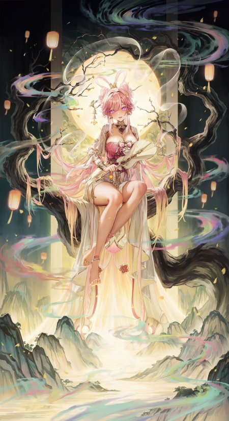 东方幻想粉发兔耳少女古风长裙坐树枝月夜灯笼唯美动漫手机壁纸