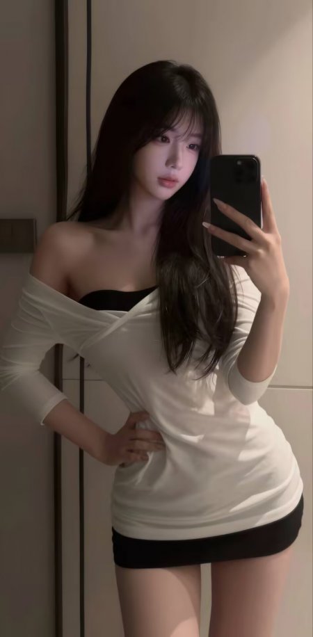 长发美女白色斜肩连衣裙室内优雅自拍人物手机壁纸