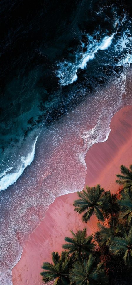 粉色沙滩椰林海浪航拍风景手机壁纸