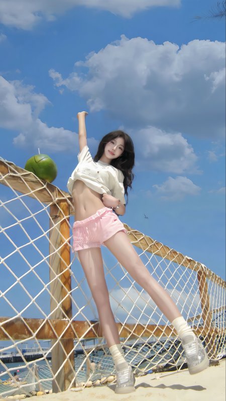 海边美女白T恤粉短裤沙滩网栏举手活力阳光美女手机壁纸