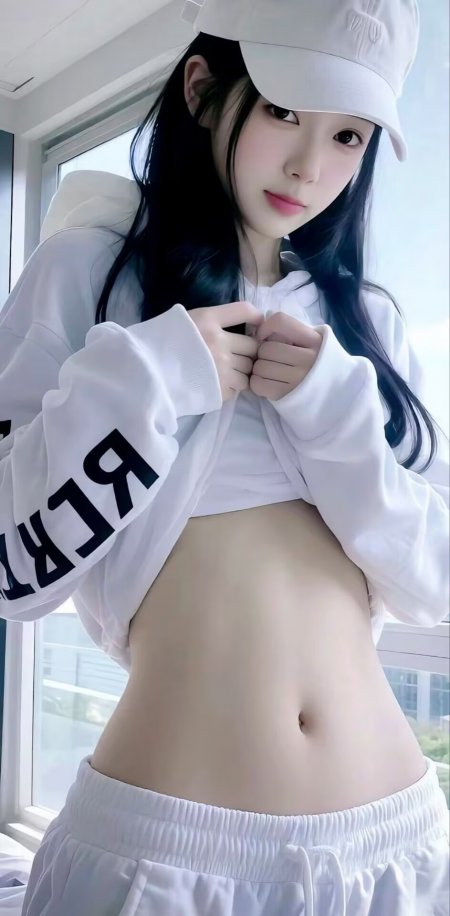 室内白运动装露腰美女自拍人物手机壁纸