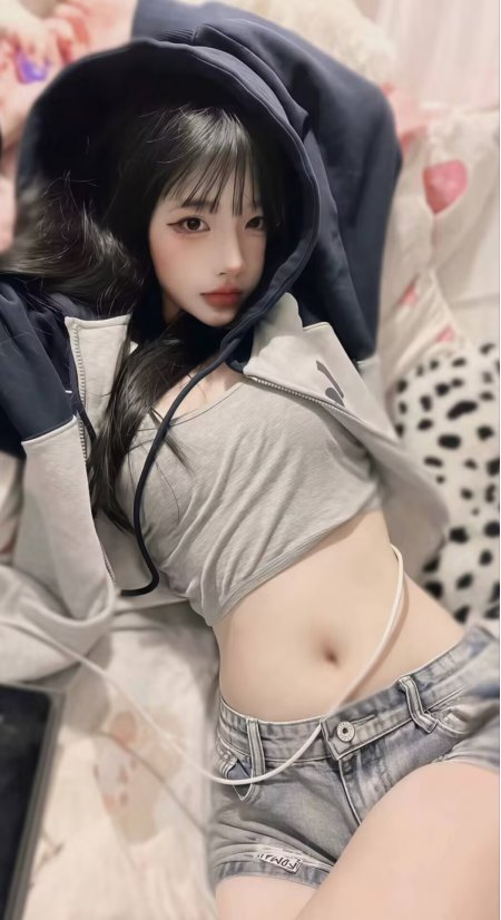 长发美女戴连帽衫穿灰色短上衣牛仔短裤人物手机壁纸