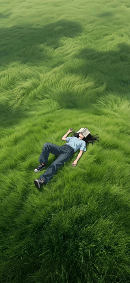 少女绿草躺卧书本盖脸治愈动漫手机壁纸
