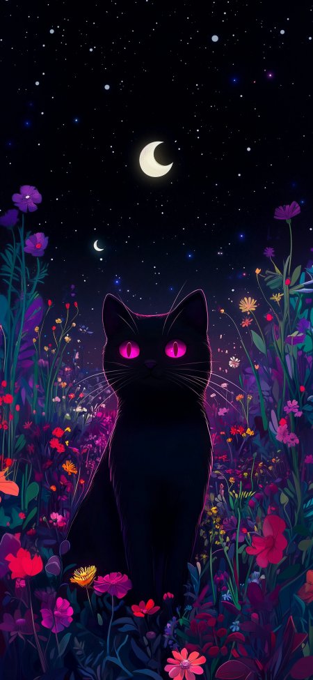 星空花丛中黑猫粉瞳夜景动漫手机壁纸