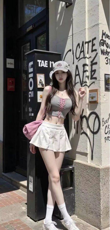 长发美女戴棒球帽穿灰色绑带上衣白短裙人物手机壁纸