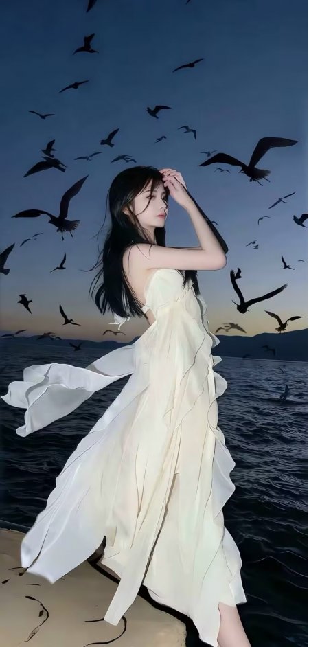 长发美女穿白色吊带长裙海边海鸥环绕人物手机壁纸