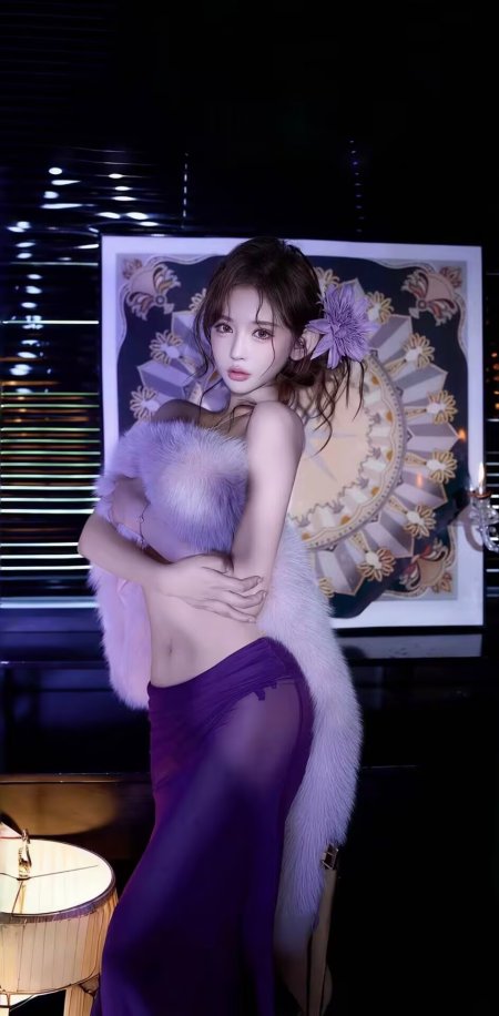 美女穿紫纱裙配毛绒披肩侧身回眸人物手机壁纸