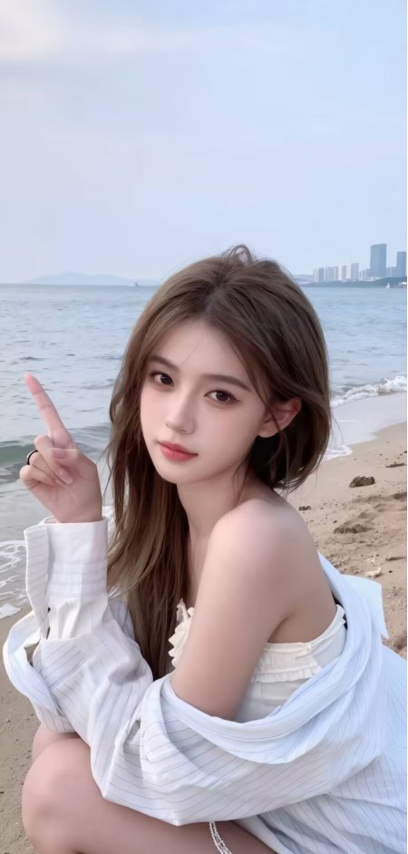 棕发美女白色条纹衬衫沙滩海景城市天际线背景人物手机壁纸