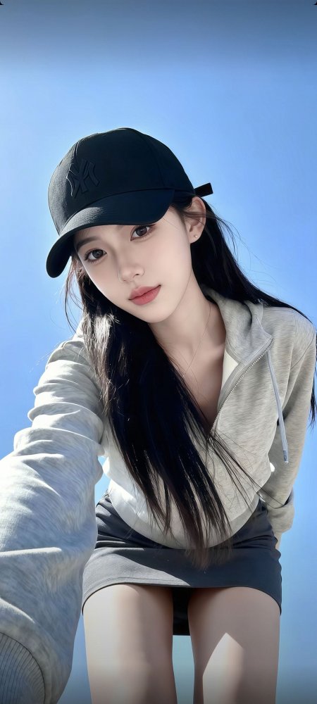 长发美女戴黑棒球帽穿灰拉链卫衣短裙人物手机壁纸