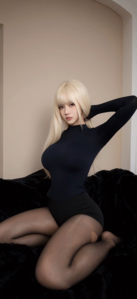 美女金发黑高领紧身衣坐姿性感手机壁纸
