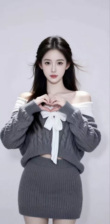 长发美女穿灰针织露肩套装比心手势人物手机壁纸