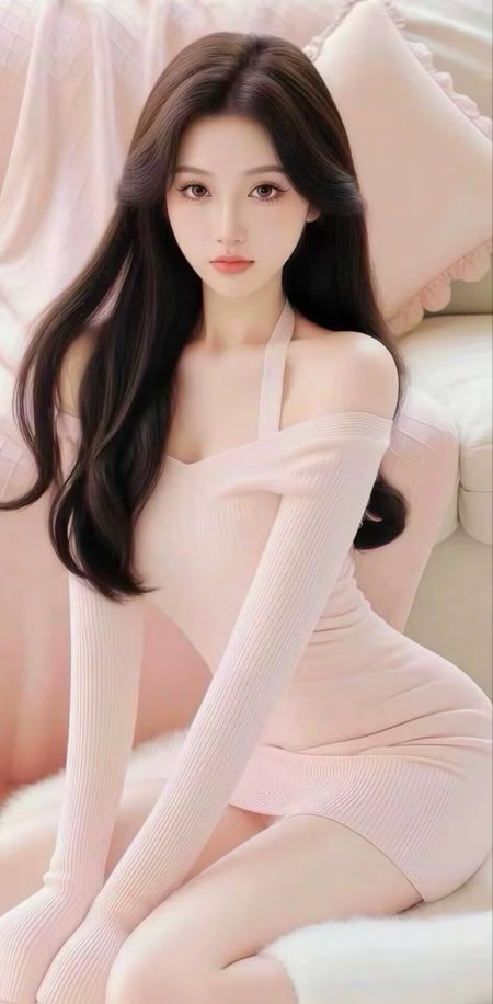 长发美女穿粉针织连衣裙坐沙发人物手机壁纸