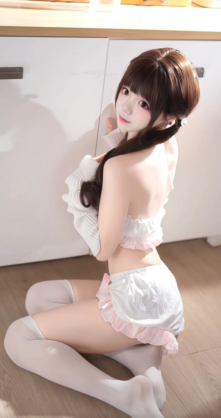 棕发美女白色露肩上衣粉色荷叶边短裤跪姿回眸甜美人物手机壁纸
