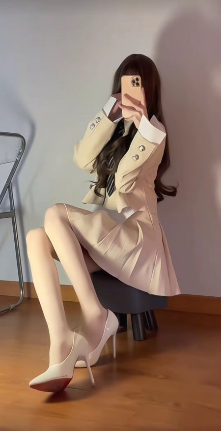 棕发美女米色西装裙白色高跟鞋室内镜前自拍时尚人物手机壁纸