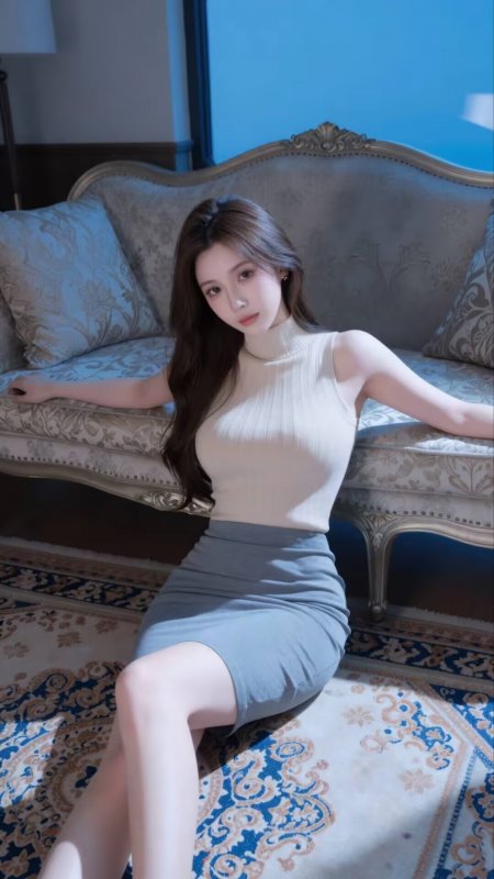 棕发美女米色针织上衣灰色包臀裙欧式沙发背景人物手机壁纸