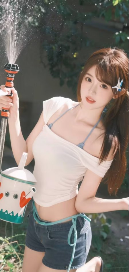 棕发美女白色露肩上衣牛仔短裤户外浇水俏皮人物手机壁纸