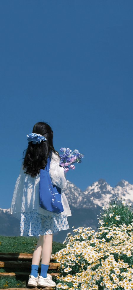 雪山雏菊少女黑发蓝裙背影持花束清新治愈美女手机壁纸