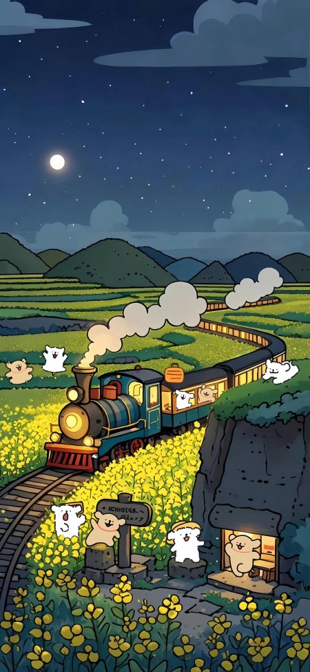 线条小狗开火车穿花田夜景卡通创意手机壁纸